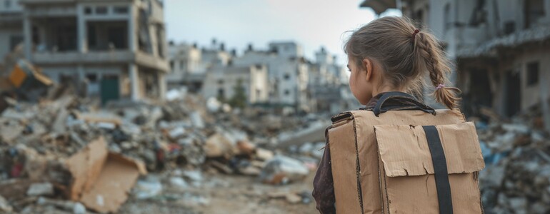 Es ist ein Kriegsgebiet zu sehen, zerstörte Häuser und Trümmer im Hintergrund. Es ist ein Mädchen von hinten zu sehen, sie sieht in das Kriegsgebiet. Sie trägt eine Schultasche.